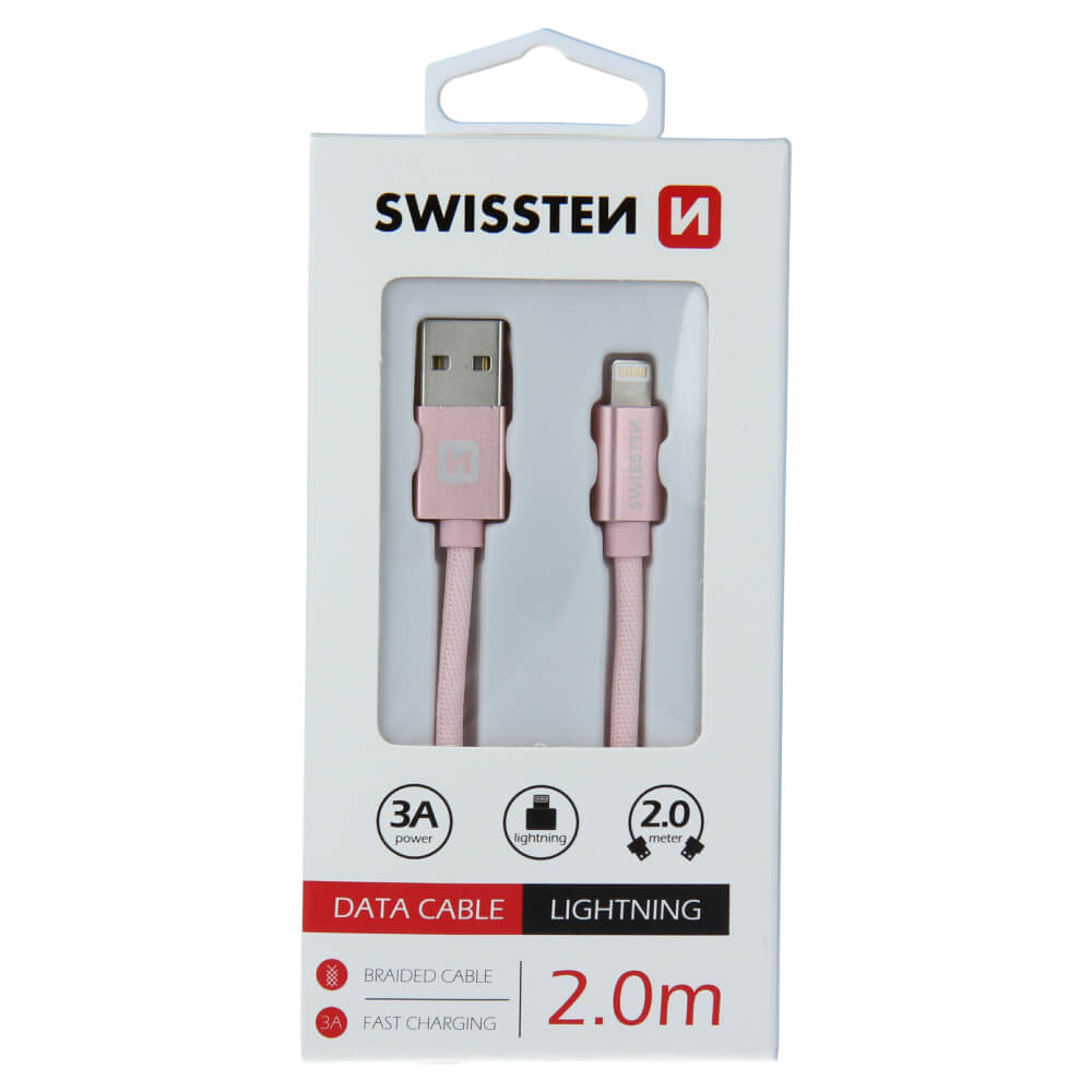Textilný dátový kábel Swissten USB / LIGHTNING 2,0 M - ružovo-zlatý